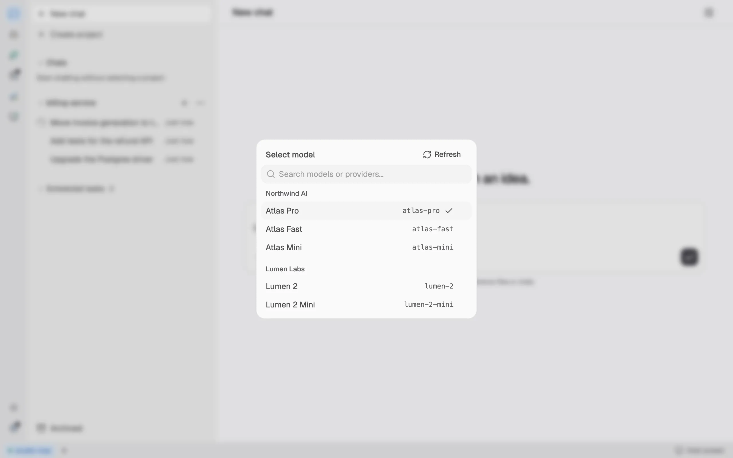 The model picker in a new chat, listing models by provider. Example data.