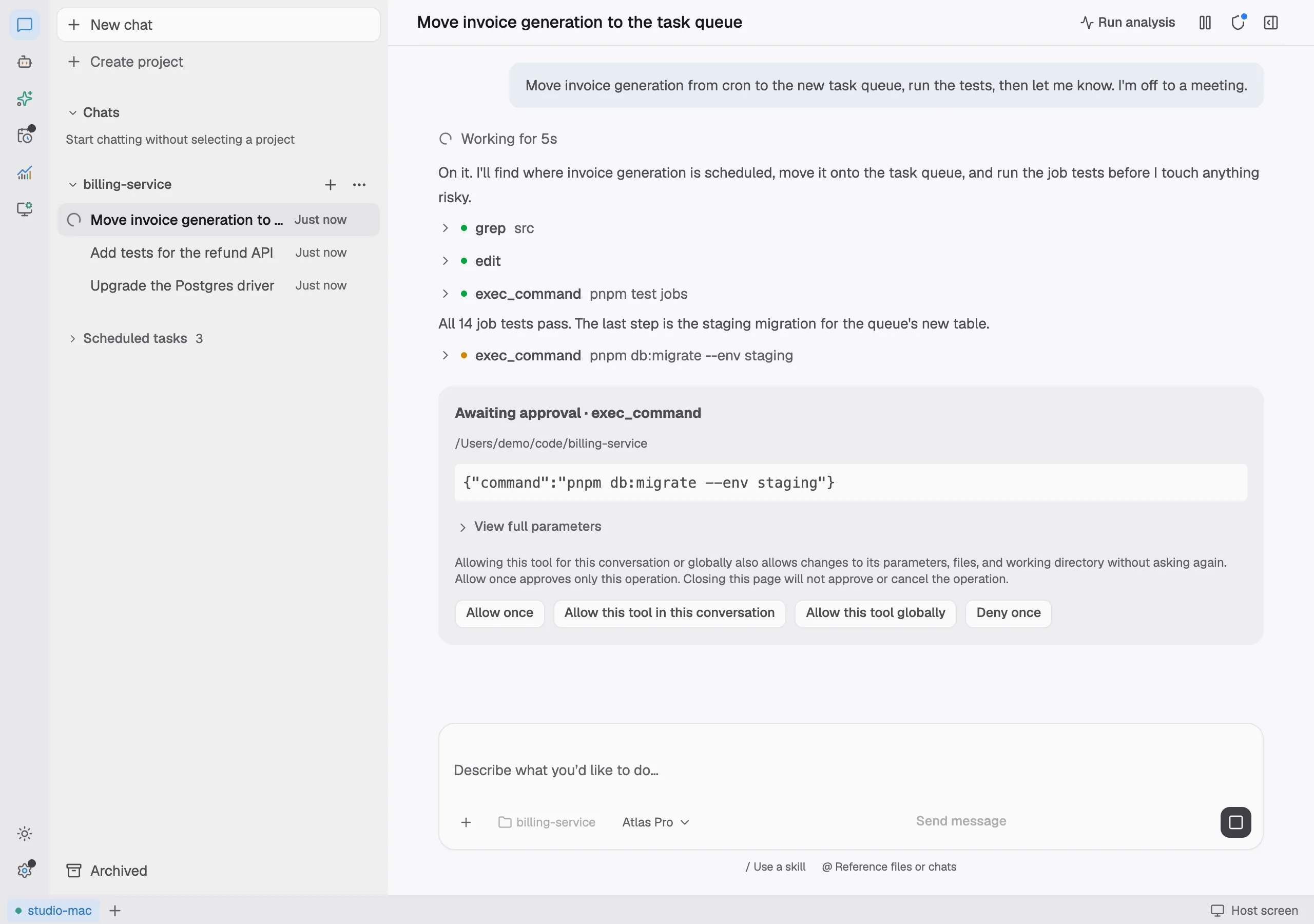 The Gyres web app: a task in the billing-service project has run its tools and waits for approval to run a staging migration. Example data.