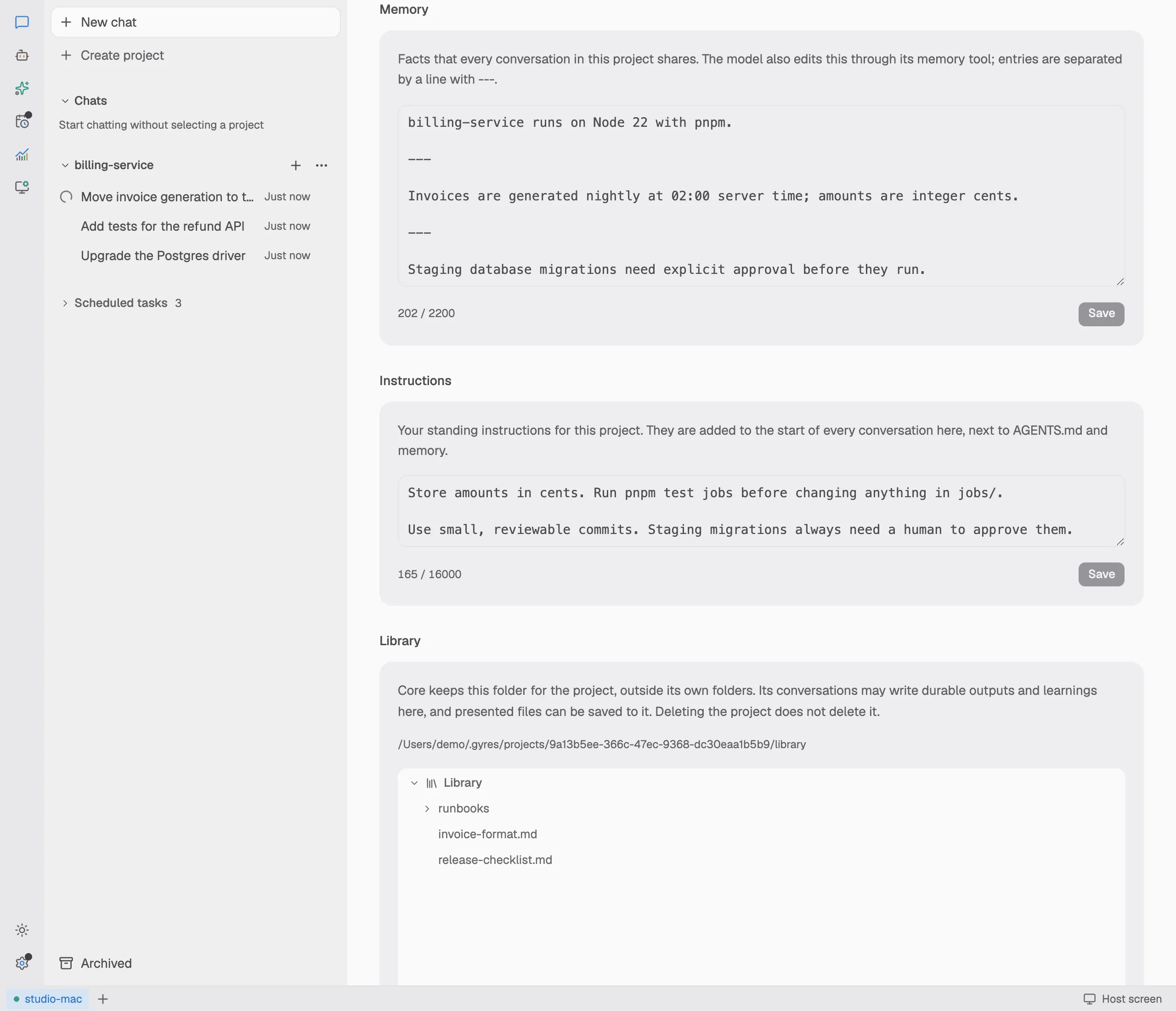 A project's memory, instructions and library. Example data.