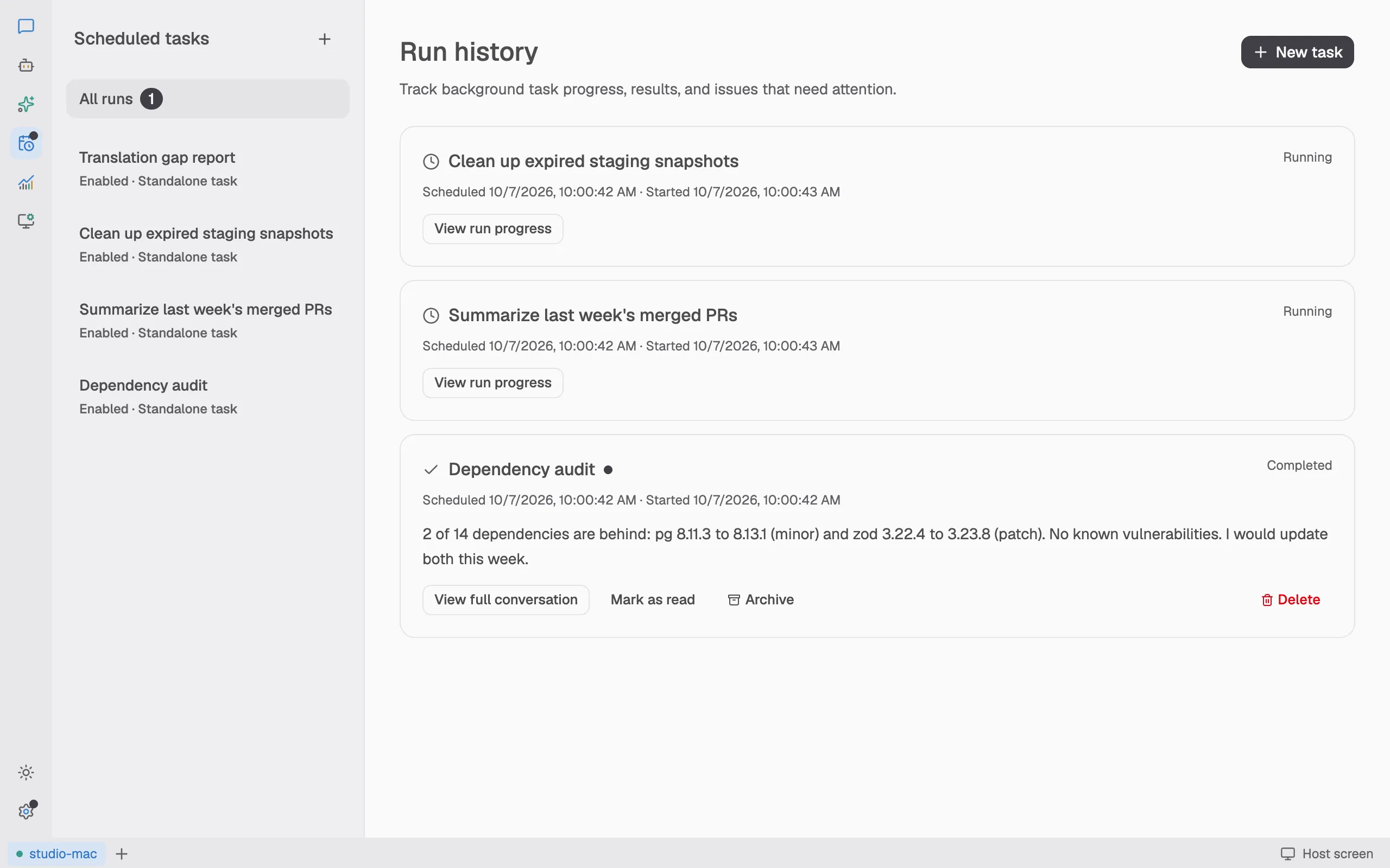 Scheduled tasks: two runs in progress and a finished dependency audit with its result. Example data.