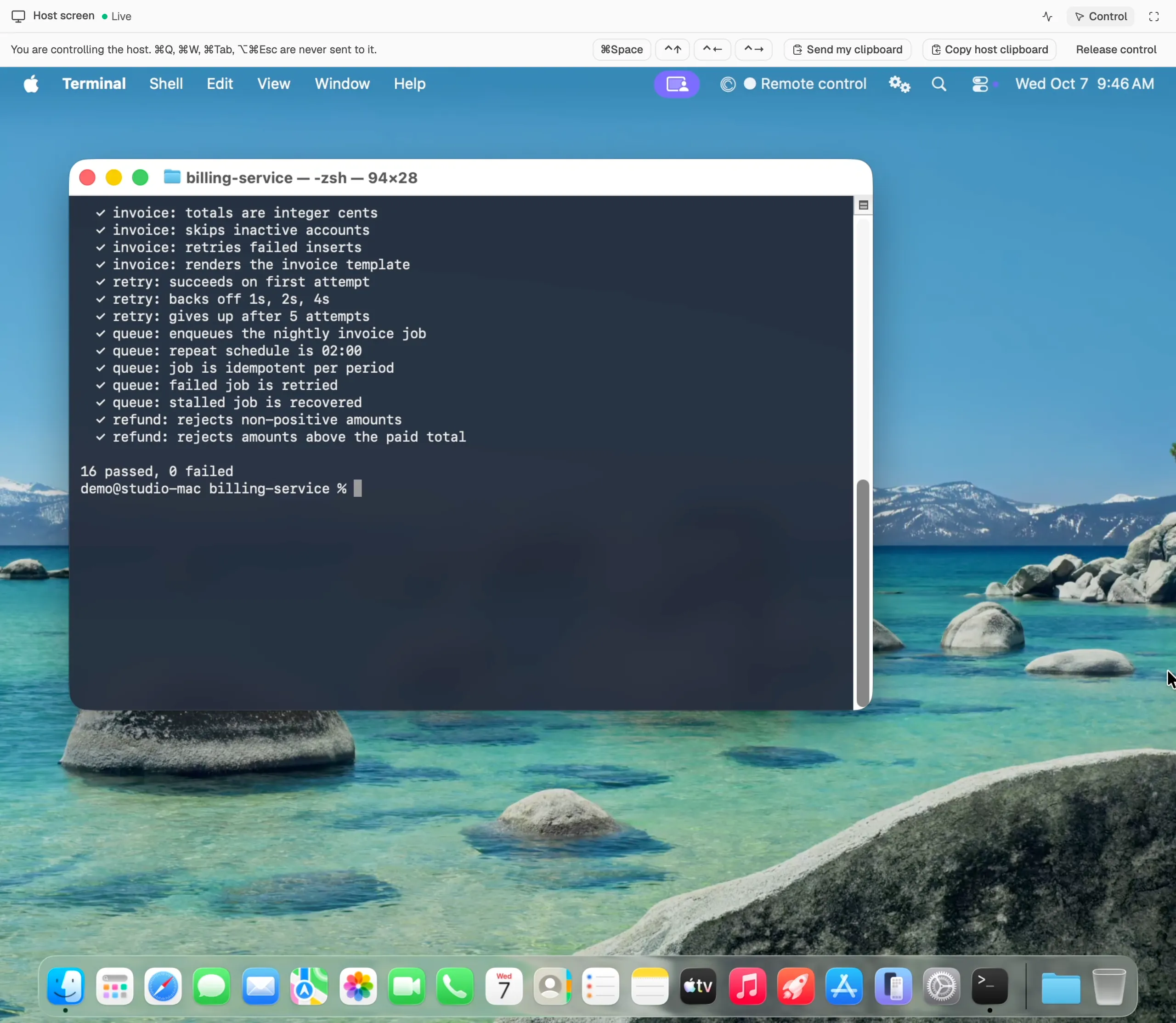 Host screen window in control mode, watching a demo Mac whose terminal shows a passing test run. Example data.